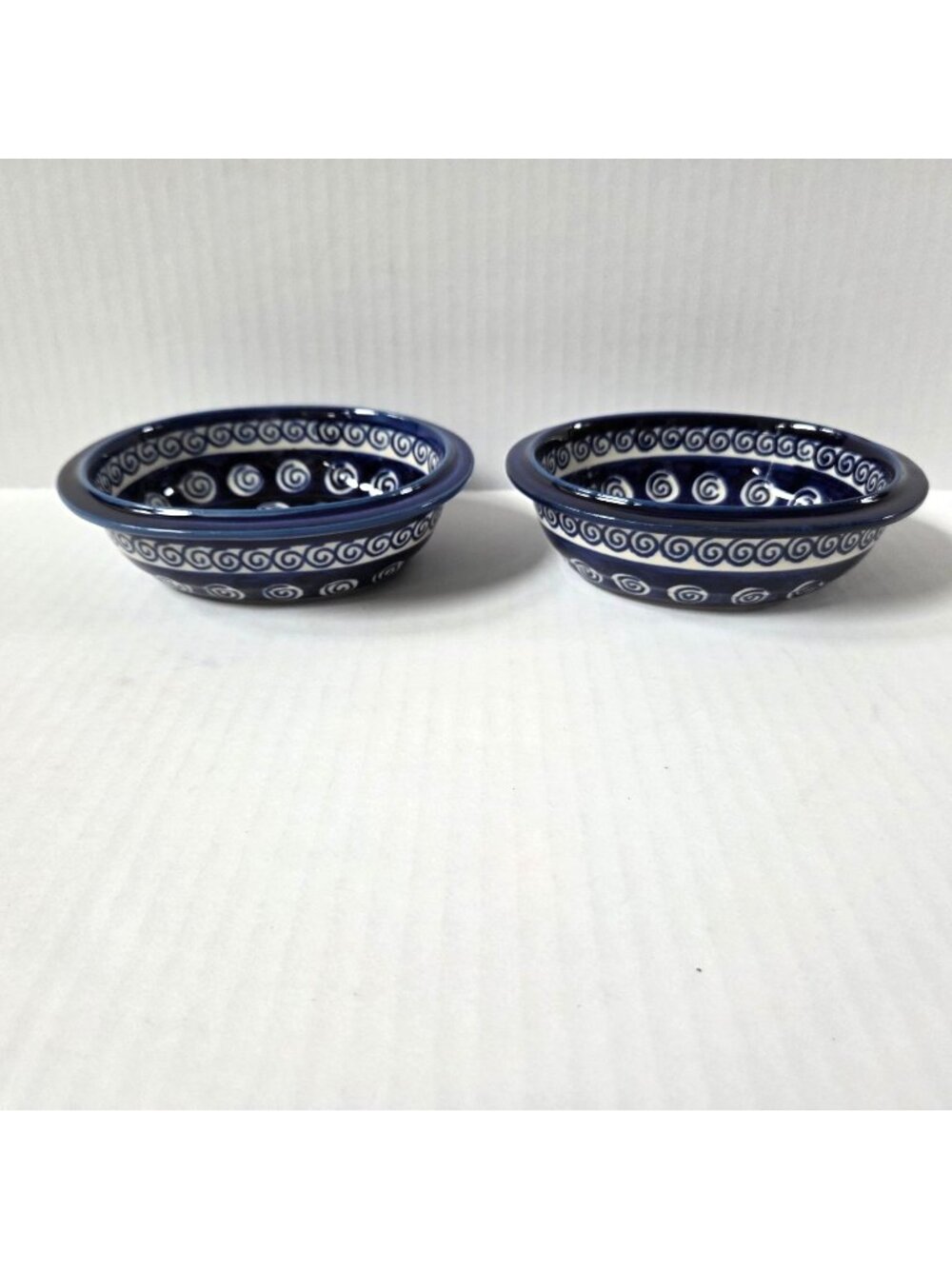 Boleslawiec Polish Pottery Bowls Blue Cobalt Swirl Small Oval Serving Set 2